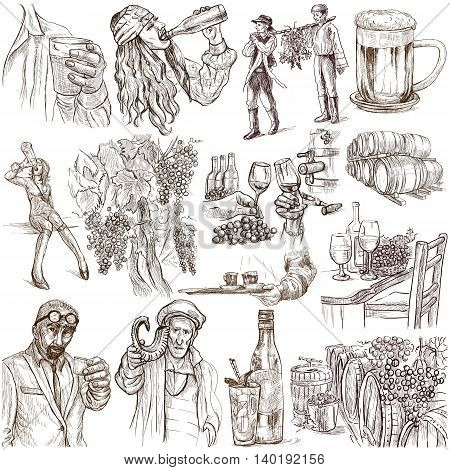 Drinking people. Drink. Alcohol.Collection of an hand drawing illustrations. Pack of full sized hand drawn illustrations. Set of freehand sketches. Line art technique. Drawing on white background.