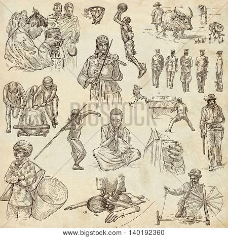 PEOPLE.Human race around the World. Nations.Group of people.Collection of hand drawn illustrations.Pack of full sized hand drawings.Set of freehand sketches. Line art technique. Old paper background.