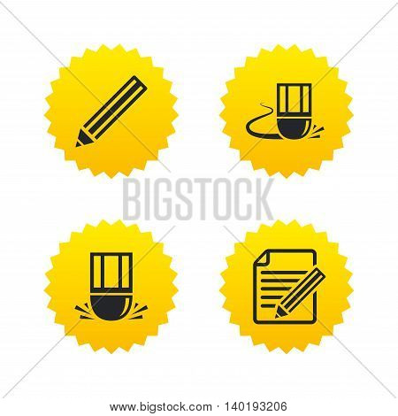 Pencil icon. Edit document file. Eraser sign. Correct drawing symbol. Yellow stars labels with flat icons. Vector