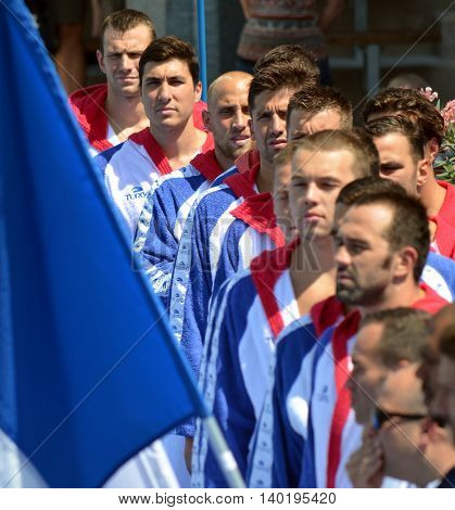 Budapest Hungary - Jul 14 2014. Serbian team at the start. The Waterpolo European Championship was held in Alfred Hajos Swimming Centre in 2014.