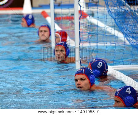Budapest Hungary - Jul 14 2014. The russian team at the goal line waiting for the start. The Waterpolo European Championship was held in Alfred Hajos Swimming Centre in 2014.