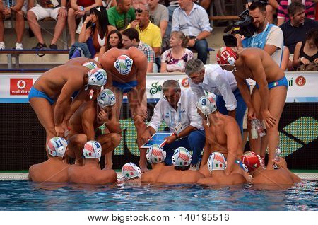 Budapest Hungary - Jul 14 2014. Alessandro Campagna head coach showing tactics and strategy to the italian team. Waterpolo European Championship was held in Alfred Hajos Swimming Centre in 2014.