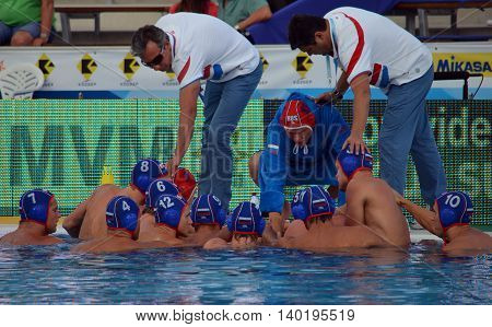 Budapest Hungary - Jul 14 2014. The russian team in the break. The Waterpolo European Championship was held in Alfred Hajos Swimming Centre in 2014.