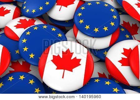 Canada And Europe Badges Background - Pile Of Canadian And European Flag Buttons 3D Illustration