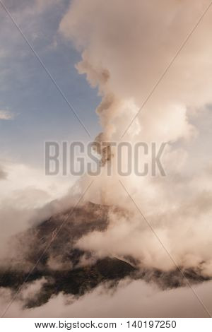 Tungurahua Volcano Strong Vulcanian Explosion At Sunset Produce Ash Plume February 2016 Ecuador South America