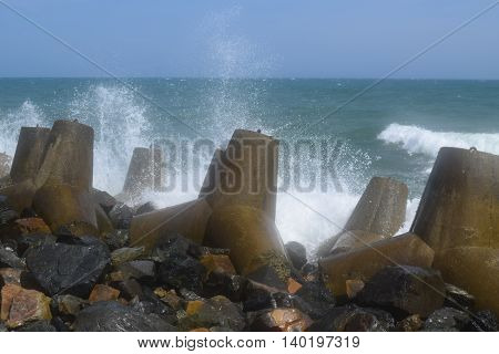 Concrete block tetrapod breakwater protect muine sea vietnam