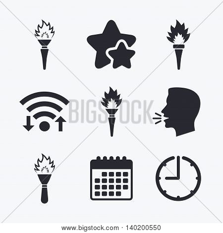 Torch flame icons. Fire flaming symbols. Hand tool which provides light or heat. Wifi internet, favorite stars, calendar and clock. Talking head. Vector