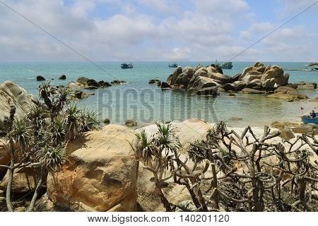 beautiful tropical beach with many rocks on the shore in ke ga near muine vietnam