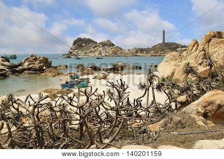 beautiful tropical beach with many rocks on the shore in ke ga near muine vietnam