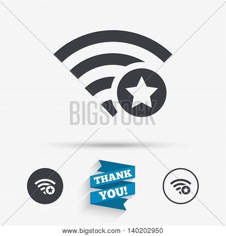 Wifi star sign. Favorite Wi-fi symbol. Wireless Network icon. Wifi zone. Flat icons. Buttons with icons. Thank you ribbon. Vector