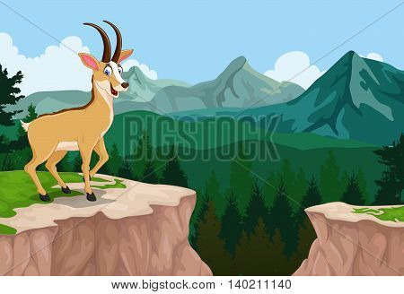 funny chamois cartoon with mountain cliff landscape background