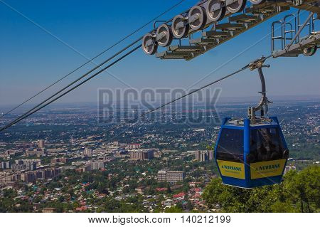 Almaty city view from Koktobe hill and cabin of cable car Kazakhstan