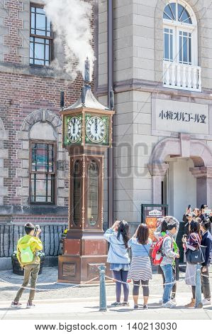 Otaru Hokkaido Japan: June 5 2016. Otaru Steam Clock Tower. It's imported from Vancouver to Otaru and well-known as the symbol of the city and attractive tourists point.