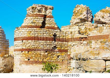 Ruins of the ancient fortress wall around the town of Nesebar in Bulgaria