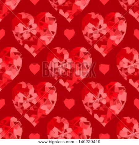 Valentine Holiday Background with Red Hearts, Low Poly Abstract Pattern, Colorful Polygonal Background. Vector