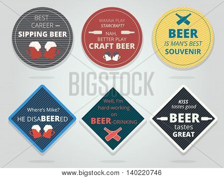 Set of colored round and square ready beer coasters and mats with slogans and phrases. Motivation bierdeckels design
