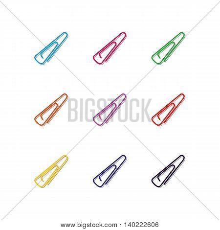 Set of nine multi-colored paper clips with shadow isolated on white background design elements chancellery second set vector illustration.