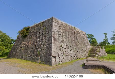AKO JAPAN - JULY 18 2016: Base of main keep (donjon or Tenshu) of Ako Castle (circa 17th c.) in Ako Japan. Castle was a seat of Lord Asano Naganao
