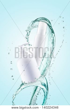 White cosmetic products with water splash on cyan background.