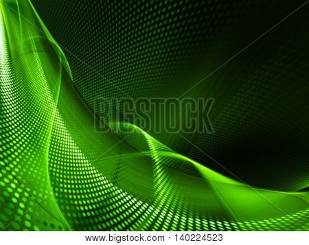 Abstract background element. Fractal graphics series. Three-dimensional composition of glowing lines and halftone effects. Information and energy concept. Green and black colors.