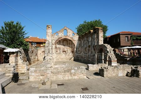 NESSEBAR BULGARIA - JUNE 15 2011: The ancient church of Saint Sophia on the central square in the old Nessebar town coast of Black Sea Sunny Beach Bulgaria.