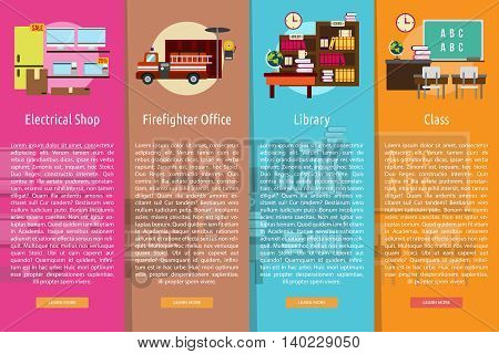 Building Interior Vertical Banner Concept | Set of great vertical banner flat design illustration concepts for building, interior, furniture, architecture, and much more. 