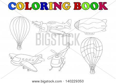 coloring book with air transportation set cartoon