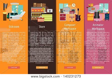 Building Interior Vertical Banner Concept | Set of great vertical banner flat design illustration concepts for building, interior, furniture, architecture, and much more. 