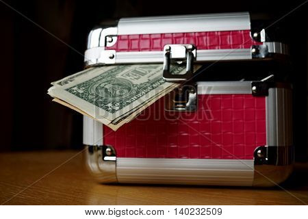 Small pink strongbox with silver edges holding thick pack of money (American Dollars, USD) as a symbol of protected and safely stored wealth
