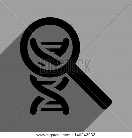 Explore DNA long shadow vector icon. Style is a flat explore dna black iconic symbol on a gray square background with longshadow.