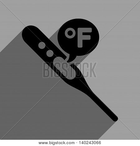 Fahrenheit Temperature long shadow vector icon. Style is a flat fahrenheit temperature black iconic symbol on a gray square background with longshadow.