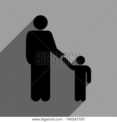 Father With Son long shadow vector icon. Style is a flat father with son black iconic symbol on a gray square background with longshadow.