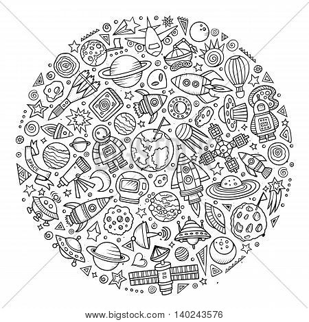Line art vector hand drawn set of Spacel cartoon doodle objects, symbols and items. Round composition