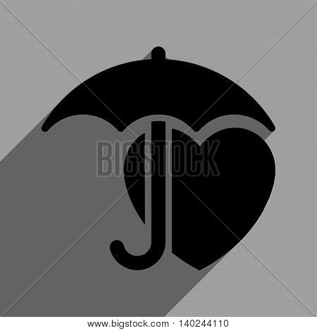 Heart Umbrella Protection long shadow vector icon. Style is a flat heart umbrella protection black iconic symbol on a gray square background with longshadow.