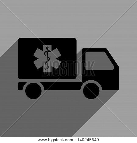 Medical Shipment long shadow vector icon. Style is a flat medical shipment black iconic symbol on a gray square background with longshadow.