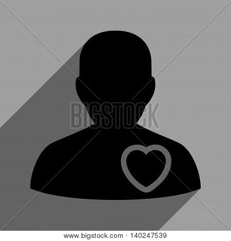 Patient Heart long shadow vector icon. Style is a flat patient heart black iconic symbol on a gray square background with longshadow.