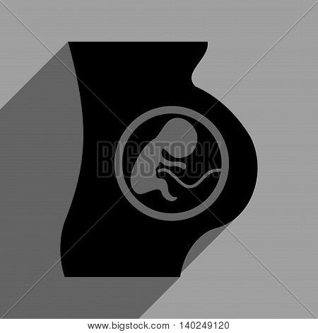 Pregnant Woman Anatomy long shadow vector icon. Style is a flat pregnant woman anatomy black iconic symbol on a gray square background with longshadow.
