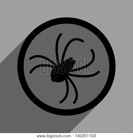 Spider long shadow vector icon. Style is a flat spider black iconic symbol on a gray square background with longshadow.
