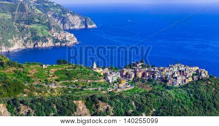 amazing scenery of Cinque terre villages - view of Corniglia. Italy