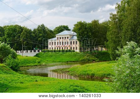 House of governor (building of former City Duma) and Cathedral (St. Nicholas) bridge in park Uglich Golden Ring of Russia