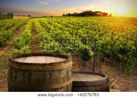 Red wine with barrel on vineyard in green Tuscany, Italy.