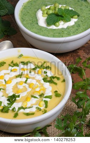 bowl of puree soup mealies and pea with herbs