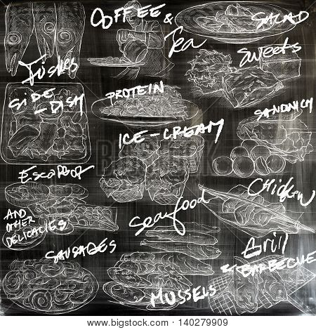 FOOD menu.Cuisine. Cooking. Dish. Collection of an hand drawing illustrations. Pack of full sized hand drawn illustrations. Set of freehand sketches. Line art technique. Drawing on black background.