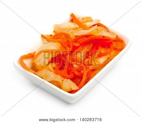 Kimchi (korean Food) In Rectangular Ramekin Close Up On White Background
