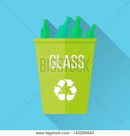 Green recycle garbage bin with glass. Reuse or reduce symbol. Plastic recycle trash can. Trash can icon in flat. Waste recycling. Environmental protection. Vector illustration.