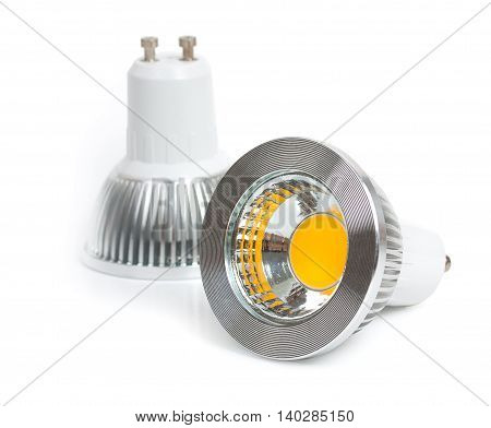 Pair Of Energy Saving Led Light-emitting Diode Bulbs, With Socket Type Gu10  Isolated On A White Bac