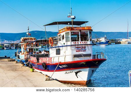 Nessebar, Bulgaria - July 25, 2016: Port, cruise boats and old town view in Nesebar in Bulgaria