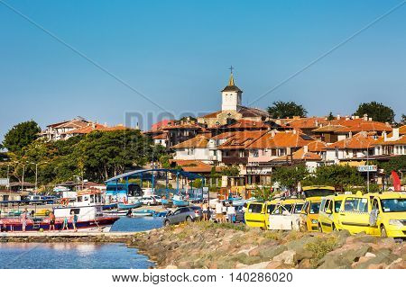 Nessebar, Bulgaria - July 25, 2016: Port, boats and taxi row in old town in Nesebar in Bulgaria