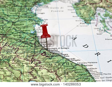 Map with pin point of Rimini in Italy