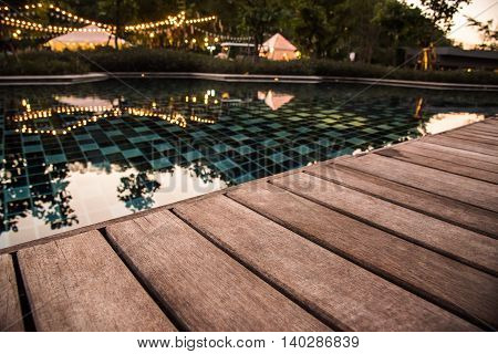 Wooden Pool Terrace In Evening Time
